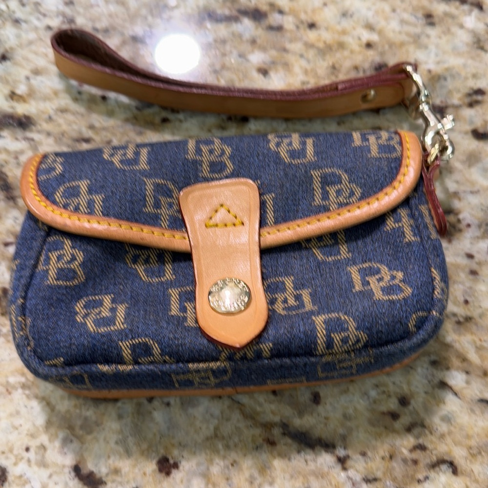Dooney & Bourke Blue Monogram Denim Wristlet with Tan Trim